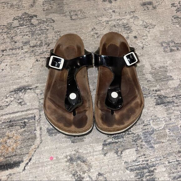 Birkenstock Gizeh Black Patent Birko Flor Thong Sandals Sz 37 US Sz 6-6.5 - Picture 1 of 9